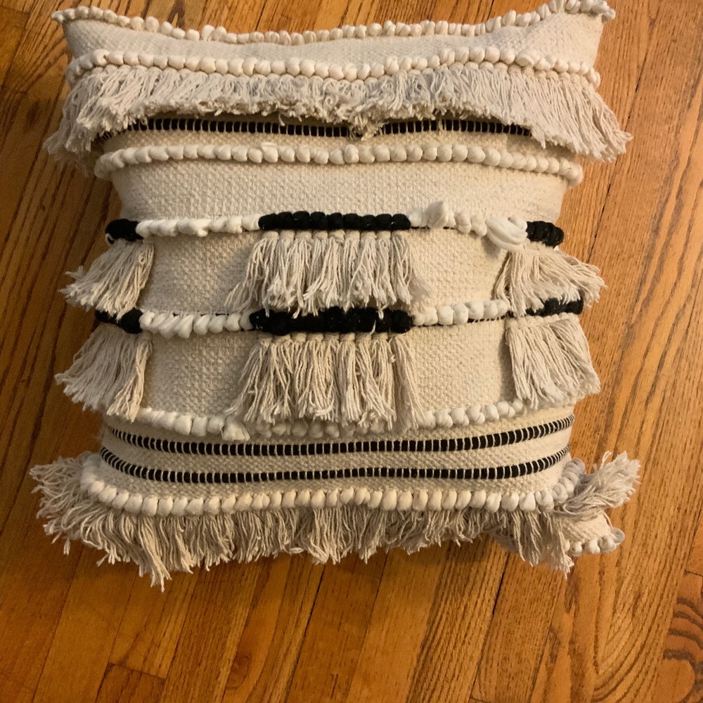 Boho Decorative Fringe Black and White Throw Accent Pillow, 22” x 22”